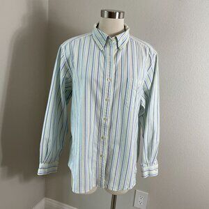 LL Bean Womens XL Blue Green Striped Cotton Button Down Shirt Long Sleeve Top